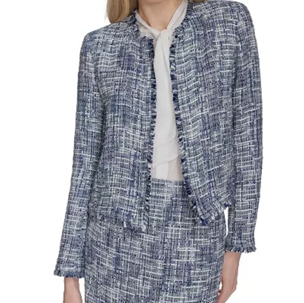 NWT Calvin Klein Tweed Jacket Cropped Open Front W Short Fringe Edges Sz 14P